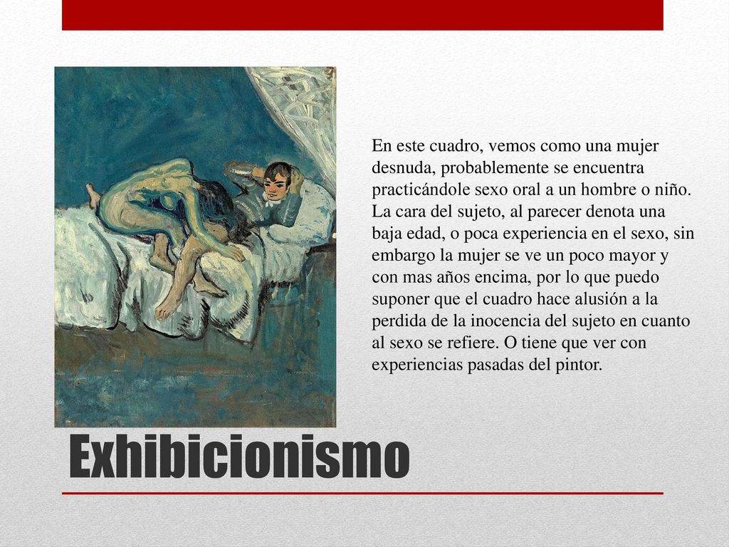 En este cuadro, vemos como una mujer desnuda, probablemente se encuentra practicándole sexo oral a un hombre o niño.