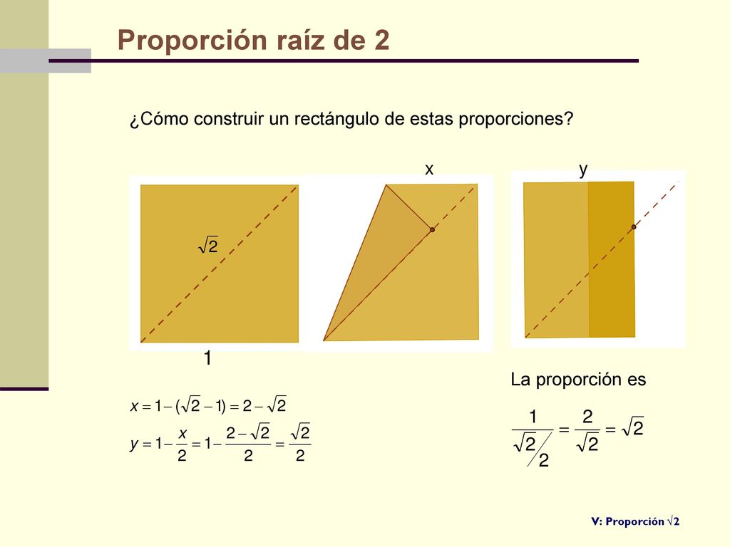 Proporción raíz de 2 ¿Cómo construir un rectángulo de estas proporciones x. y. 1. La proporción es.
