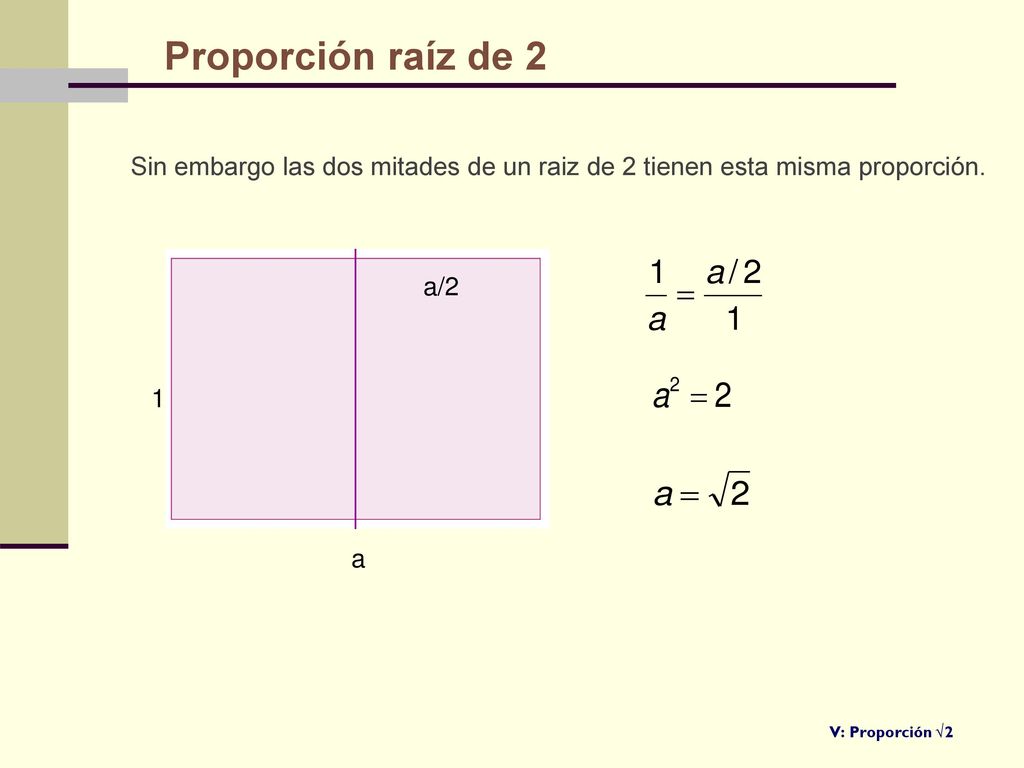 Proporción raíz de 2 Sin embargo las dos mitades de un raiz de 2 tienen esta misma proporción. a/2.