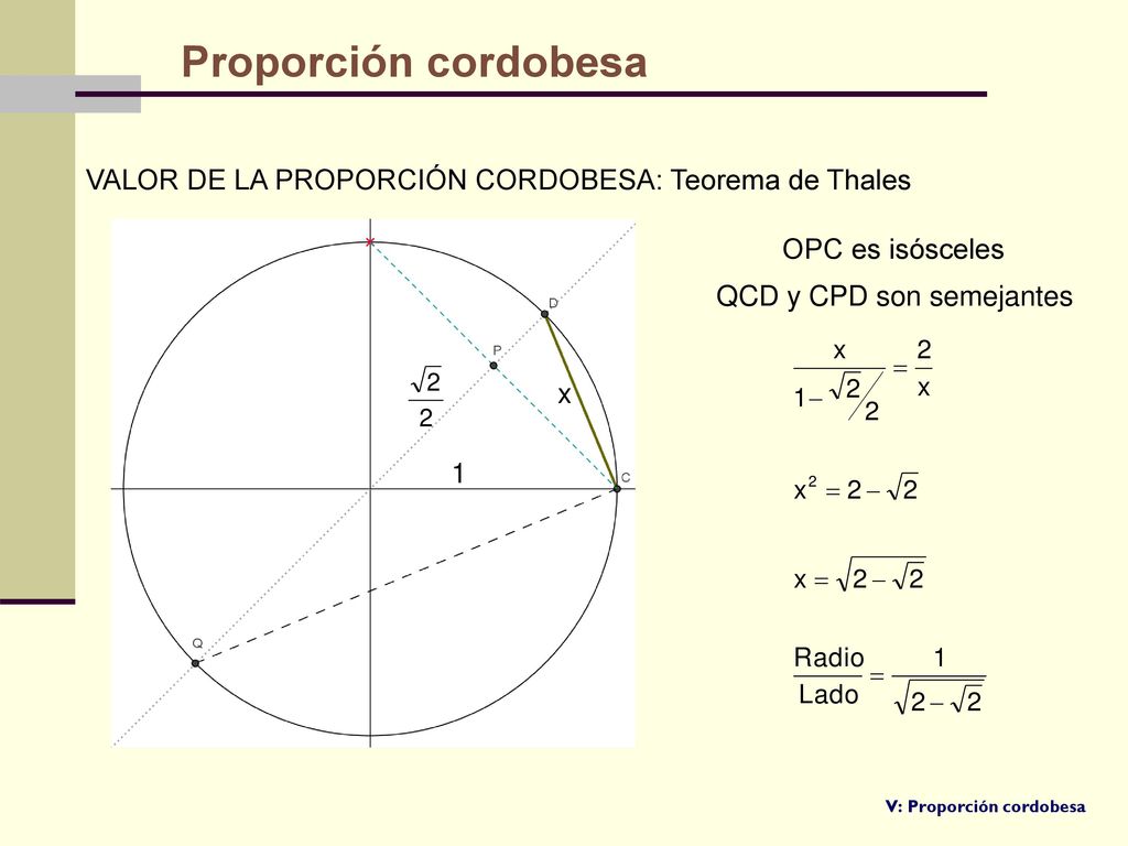 Proporción cordobesa VALOR DE LA PROPORCIÓN CORDOBESA: Teorema de Thales. OPC es isósceles. QCD y CPD son semejantes.