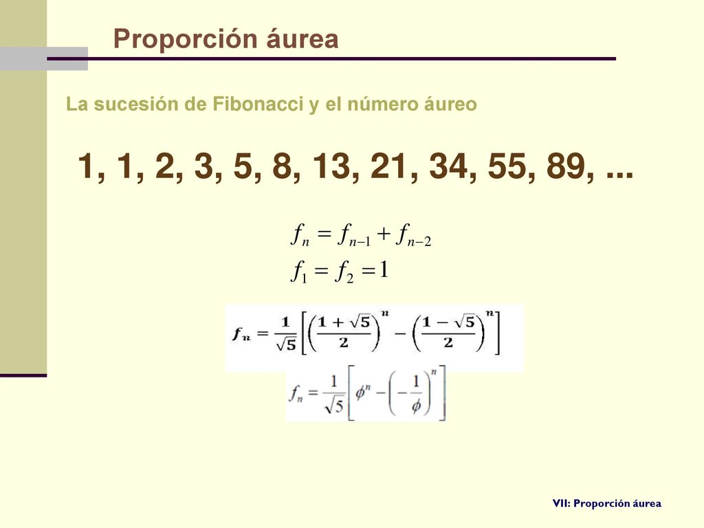 Proporción áurea La sucesión de Fibonacci y el número áureo. 1, 1, 2, 3, 5, 8, 13, 21, 34, 55, 89, ...