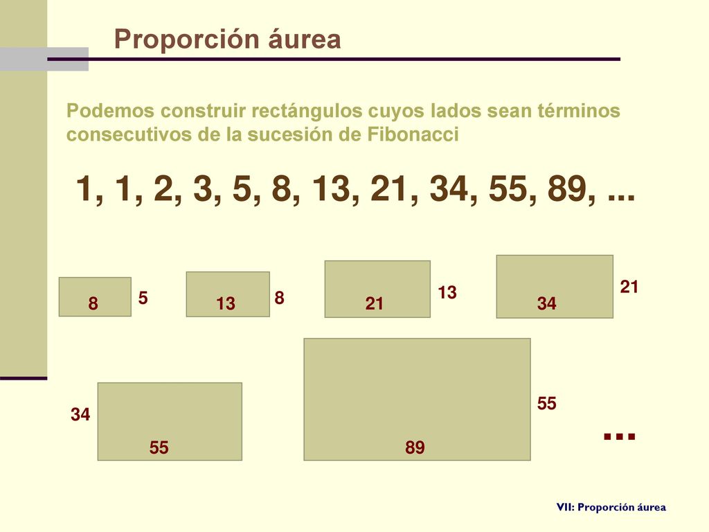 Proporción áurea Podemos construir rectángulos cuyos lados sean términos consecutivos de la sucesión de Fibonacci.