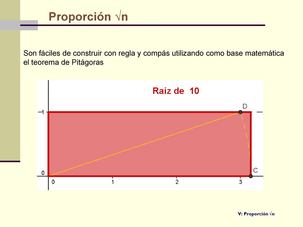 Proporción √n Son fáciles de construir con regla y compás utilizando como base matemática el teorema de Pitágoras.