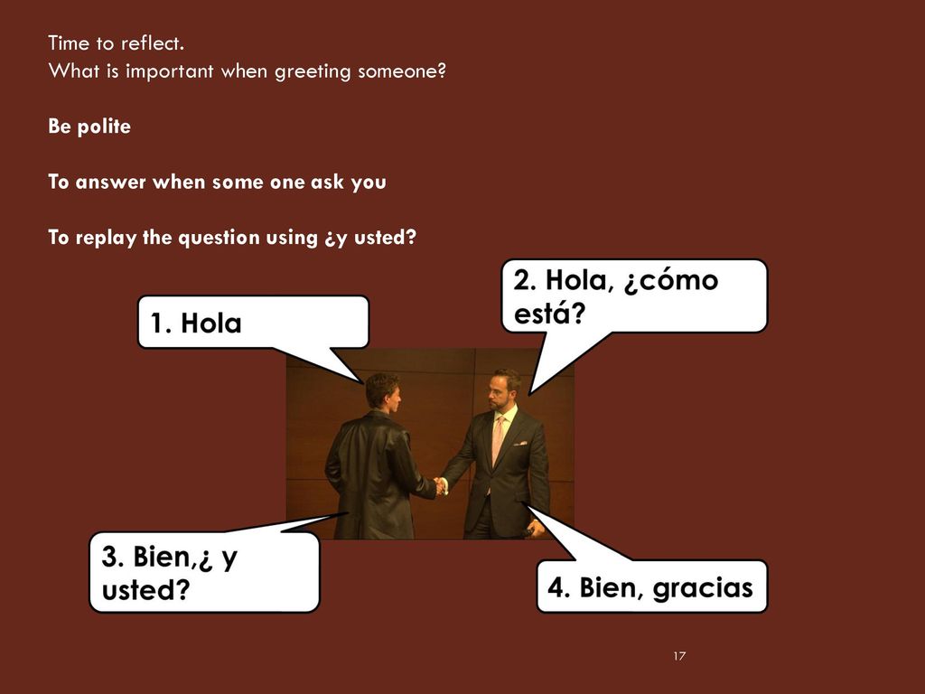 Time to reflect. What is important when greeting someone Be polite. To answer when some one ask you.