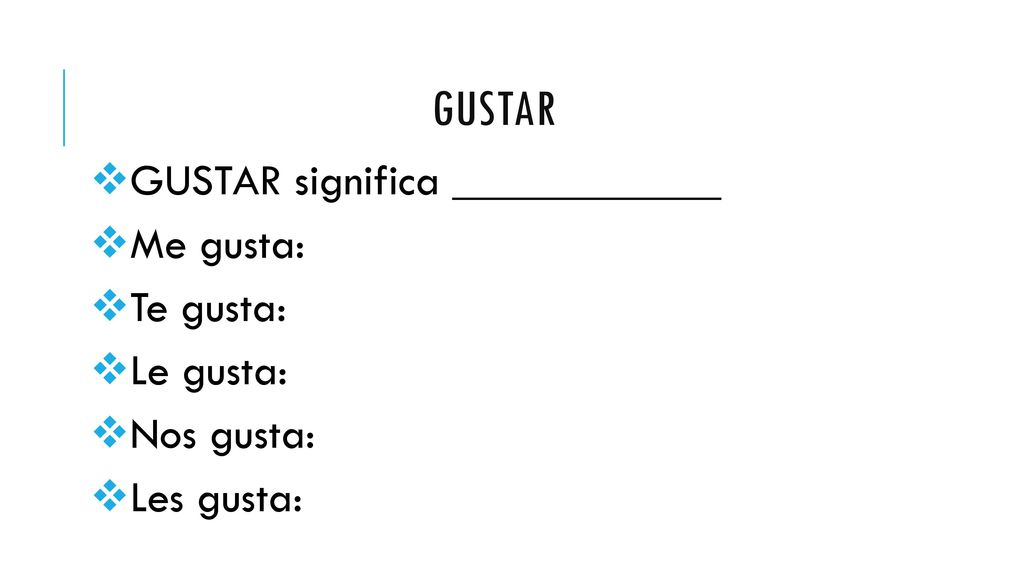 gustar GUSTAR significa ____________ Me gusta: Te gusta: Le gusta: