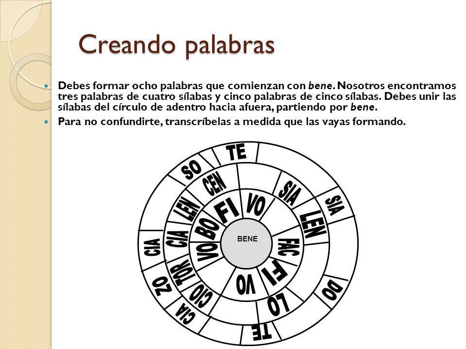 Creando palabras TE SO CEN SIA LEN FI BO CIA FAC VO TOR ZO DO CIO LO