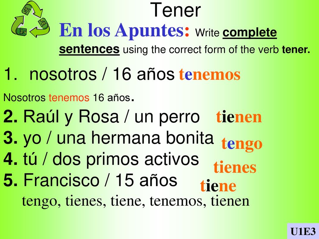 Tener En los Apuntes: Write complete sentences using the correct form of the verb tener. nosotros / 16 años.