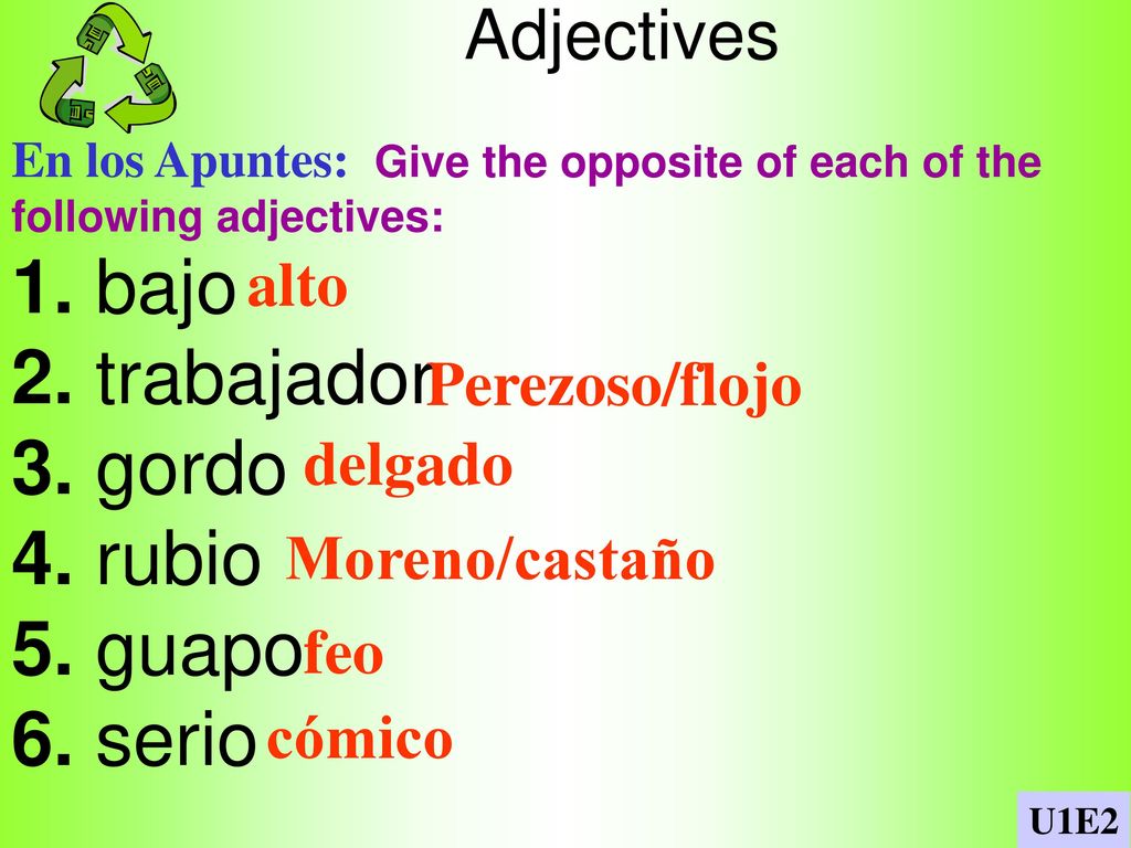 1. bajo 2. trabajador 3. gordo 4. rubio 5. guapo 6. serio Adjectives