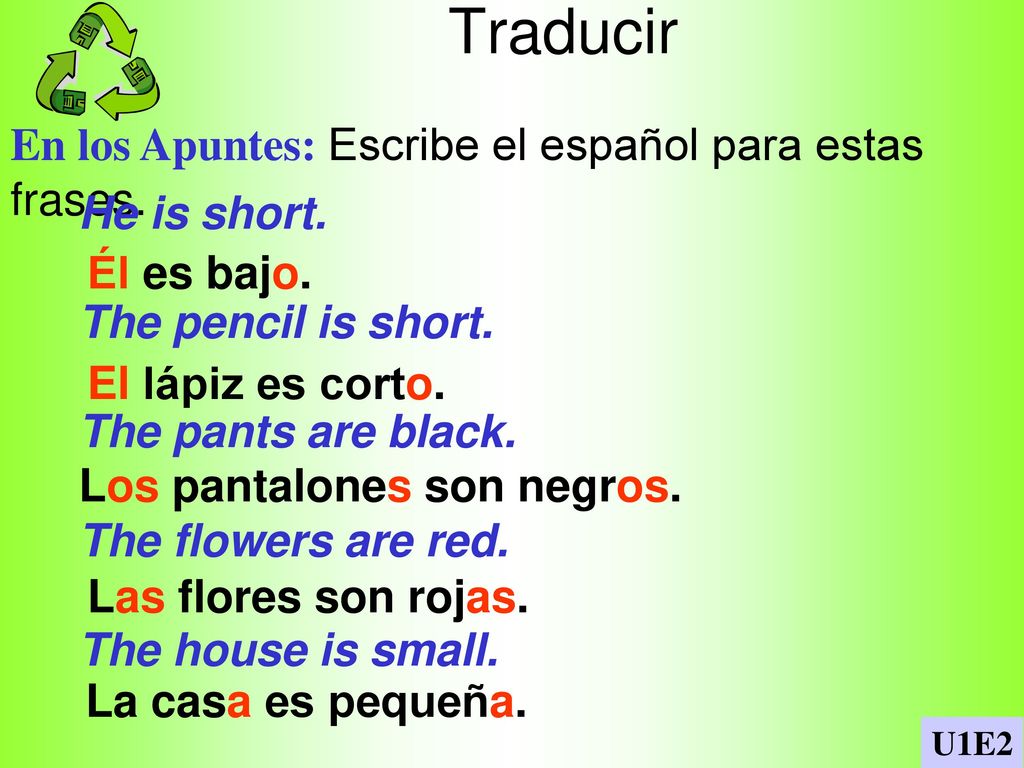 Traducir En los Apuntes: Escribe el español para estas frases.