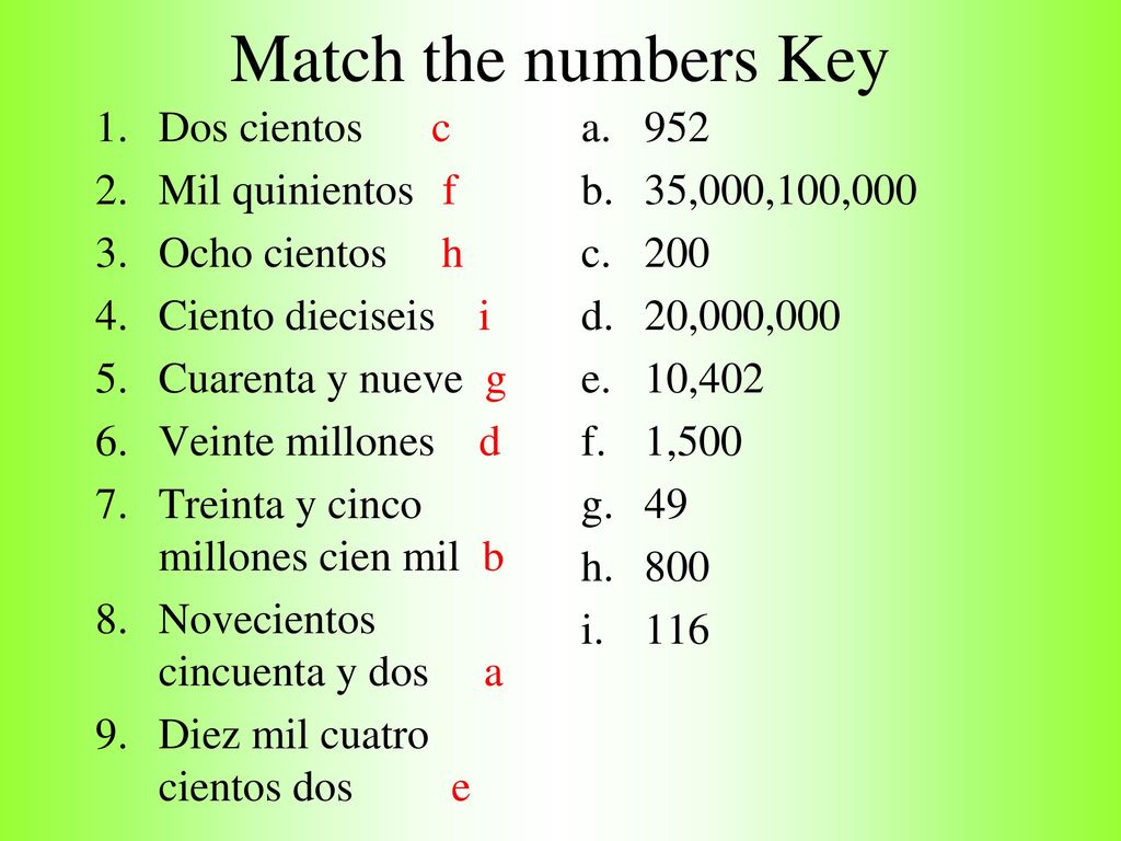 Match the numbers Key Dos cientos c Mil quinientos f Ocho cientos h