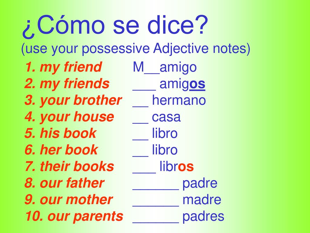 ¿Cómo se dice (use your possessive Adjective notes) 1. my friend