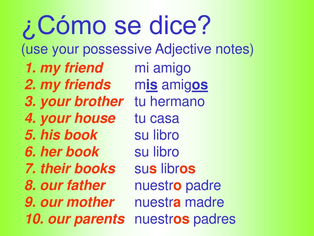 ¿Cómo se dice (use your possessive Adjective notes) 1. my friend