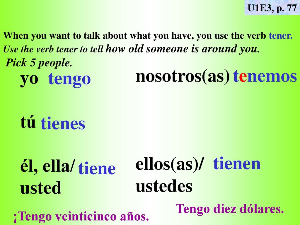 nosotros(as) ellos(as)/ ustedes tenemos yo tú él, ella/ usted tengo