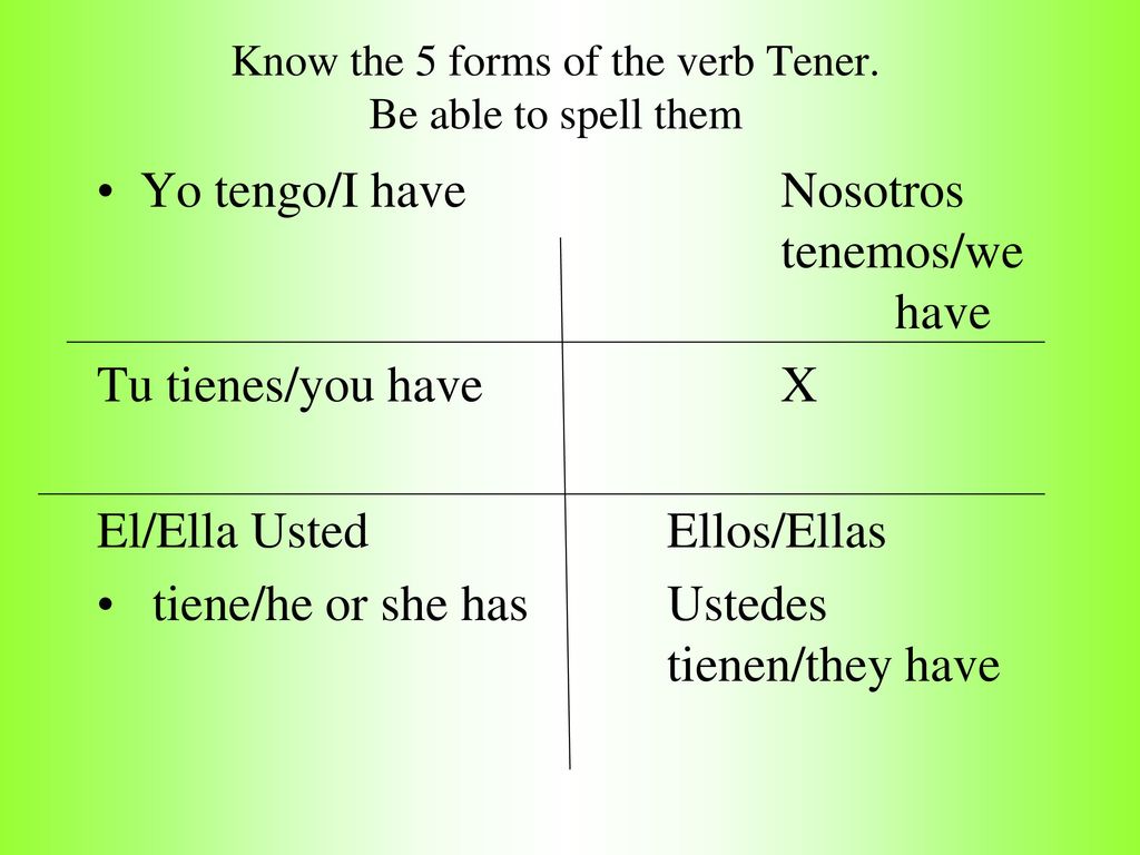 Know the 5 forms of the verb Tener. Be able to spell them