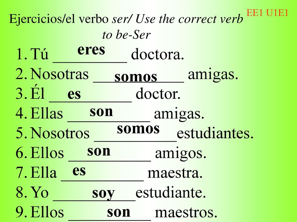 Ejercicios/el verbo ser/ Use the correct verb to be-Ser