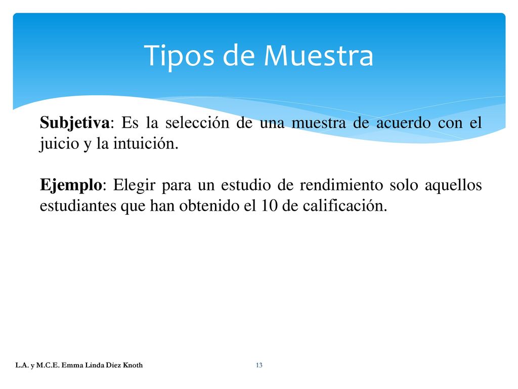Tipos de Muestra Subjetiva: Es la selección de una muestra de acuerdo con el juicio y la intuición.