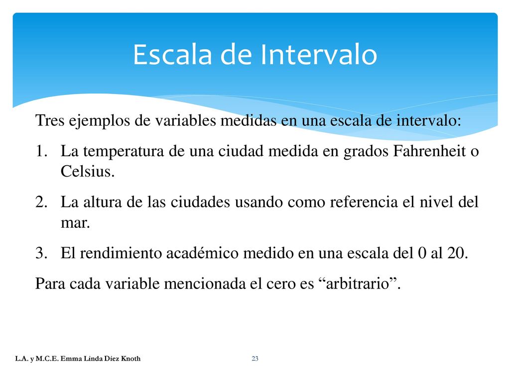 Escala de Intervalo Tres ejemplos de variables medidas en una escala de intervalo: