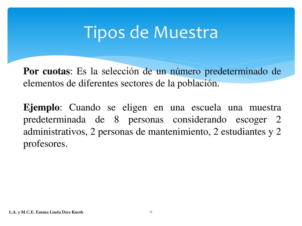Tipos de Muestra Por cuotas: Es la selección de un número predeterminado de elementos de diferentes sectores de la población.