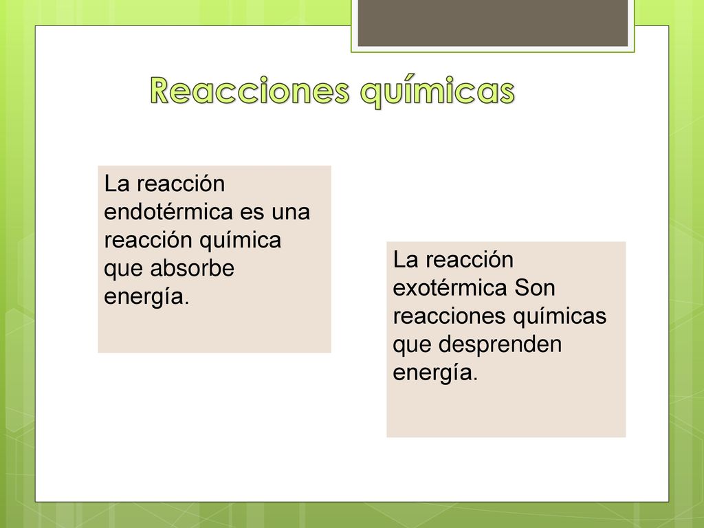 Reacciones químicas La reacción endotérmica es una reacción química que absorbe energía.