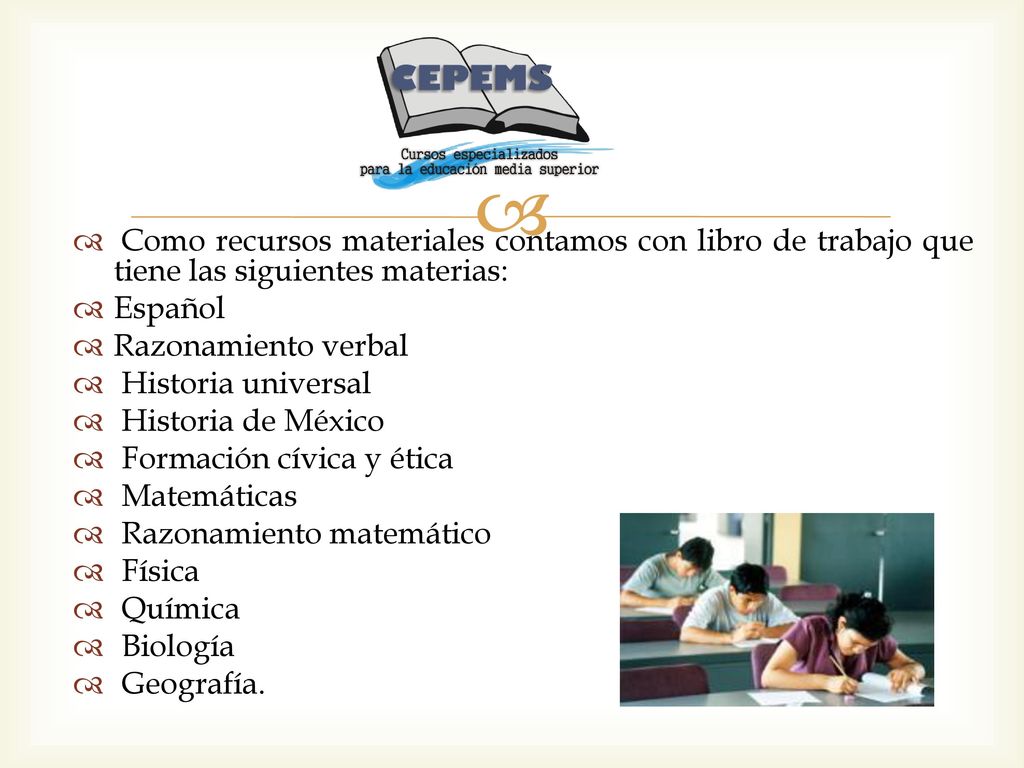 Como recursos materiales contamos con libro de trabajo que tiene las siguientes materias: