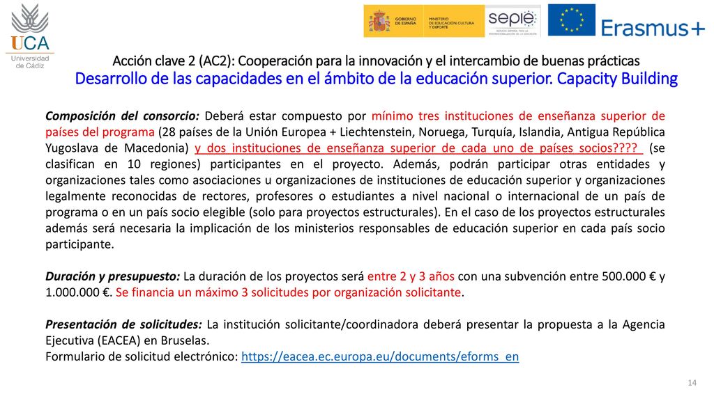Acción clave 2 (AC2): Cooperación para la innovación y el intercambio de buenas prácticas Desarrollo de las capacidades en el ámbito de la educación superior. Capacity Building