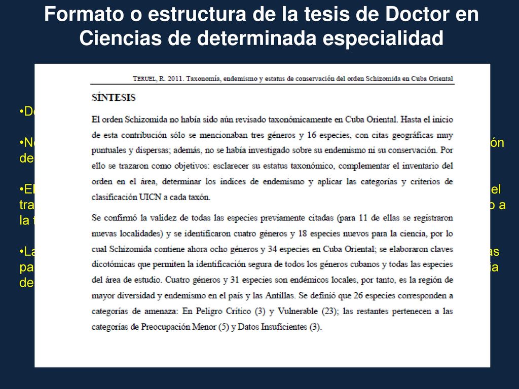 Formato o estructura de la tesis de Doctor en Ciencias de determinada especialidad