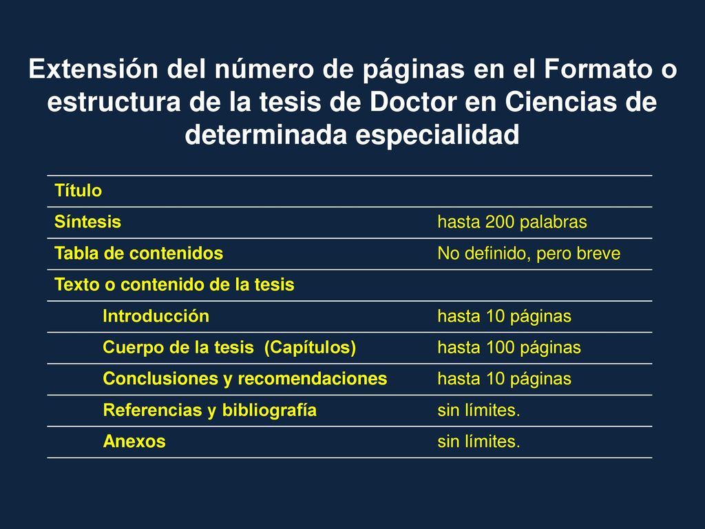 Extensión del número de páginas en el Formato o estructura de la tesis de Doctor en Ciencias de determinada especialidad
