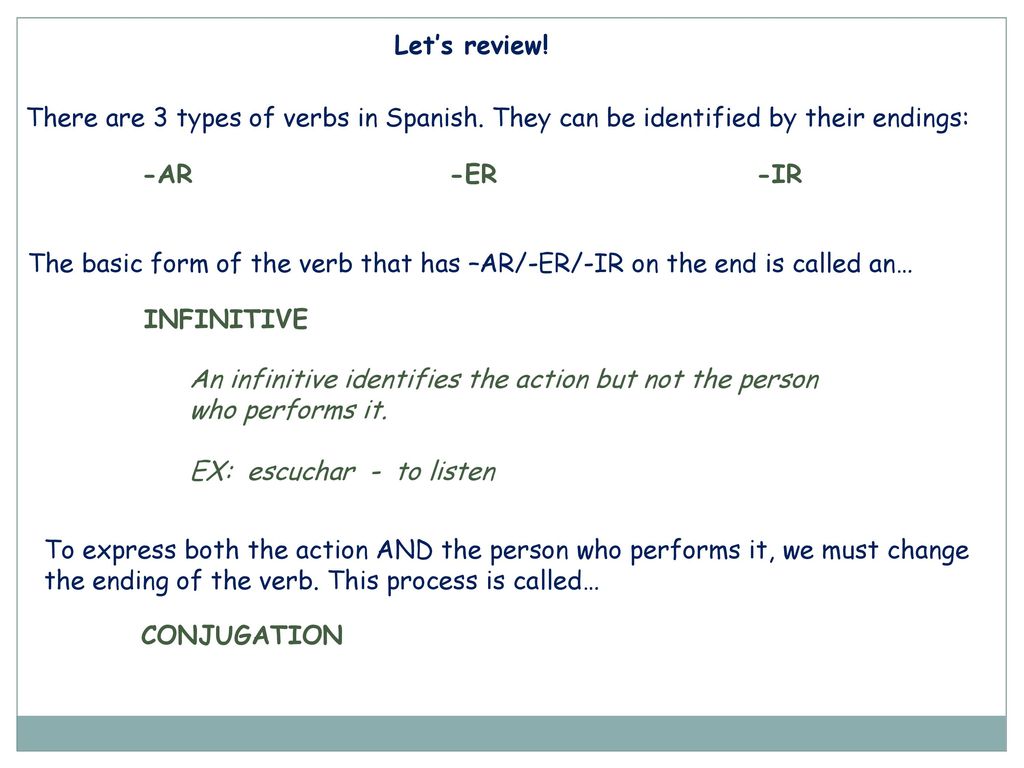 Let’s review! There are 3 types of verbs in Spanish. They can be identified by their endings: -AR -ER -IR.