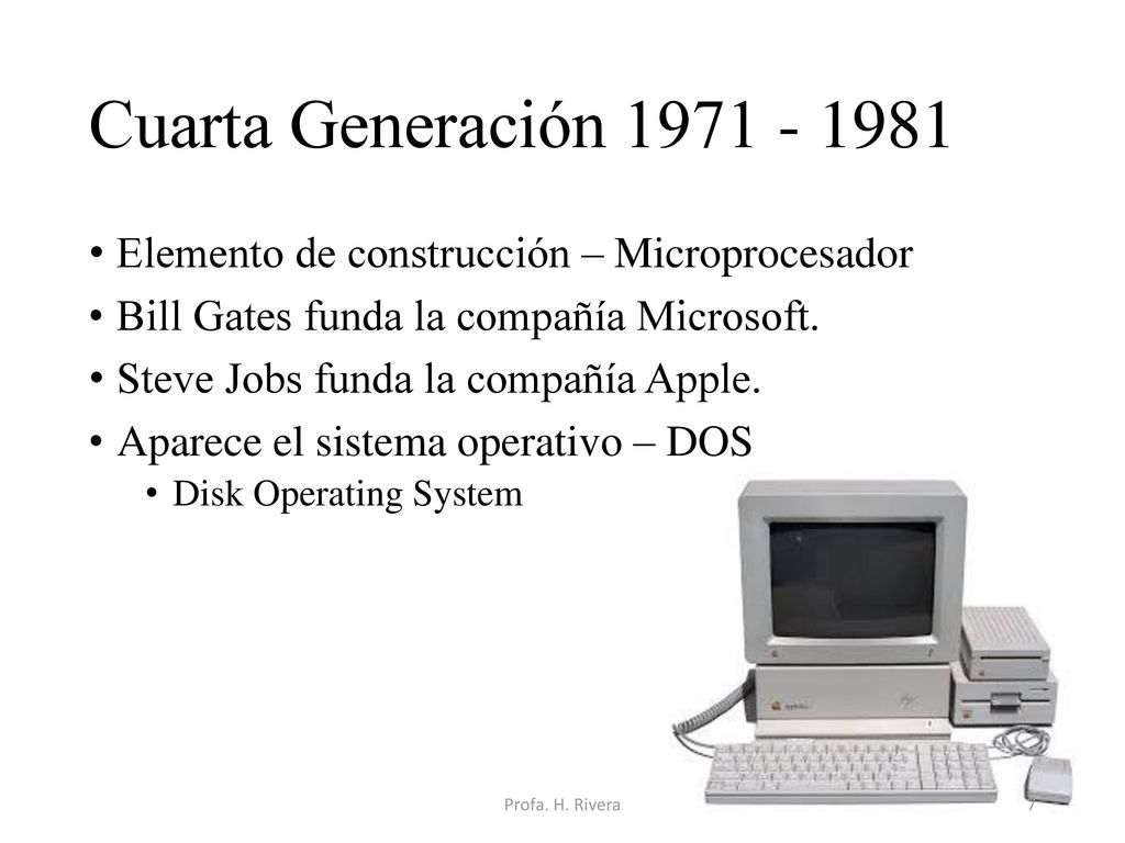 Cuarta Generación Elemento de construcción – Microprocesador. Bill Gates funda la compañía Microsoft.