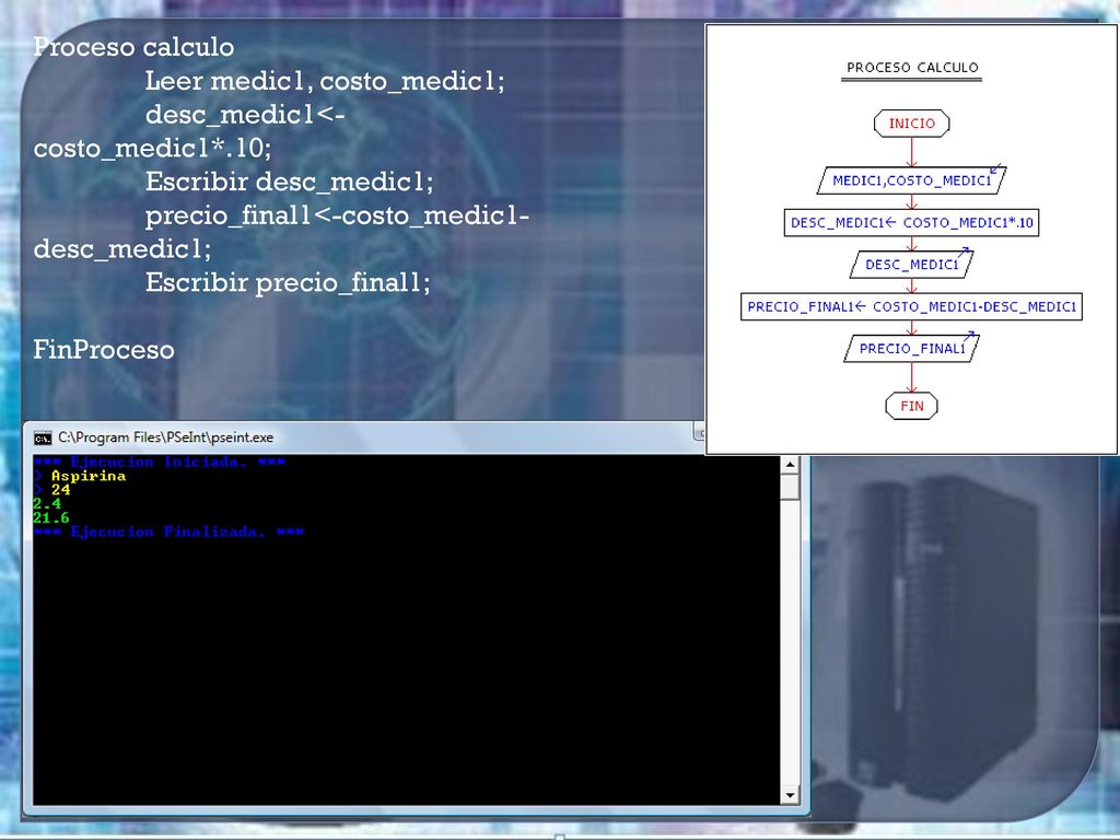 Proceso calculo Leer medic1, costo_medic1; desc_medic1<-costo_medic1*.10; Escribir desc_medic1; precio_final1<-costo_medic1-desc_medic1;