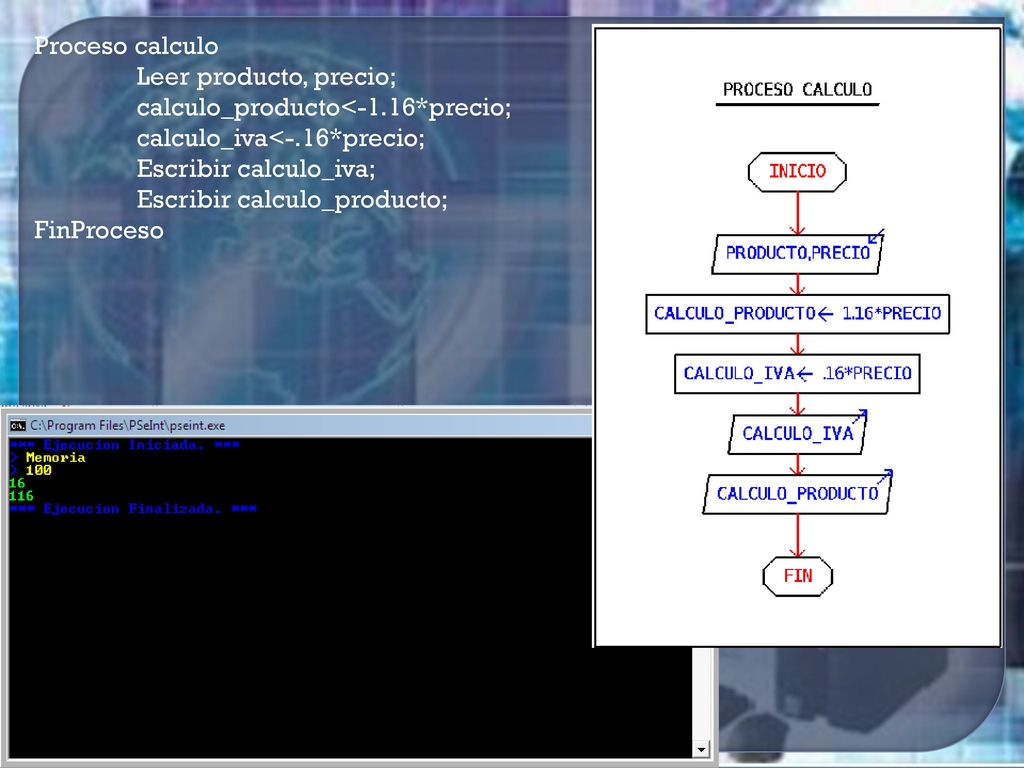 Proceso calculo Leer producto, precio; calculo_producto<-1.16*precio; calculo_iva<-.16*precio; Escribir calculo_iva;
