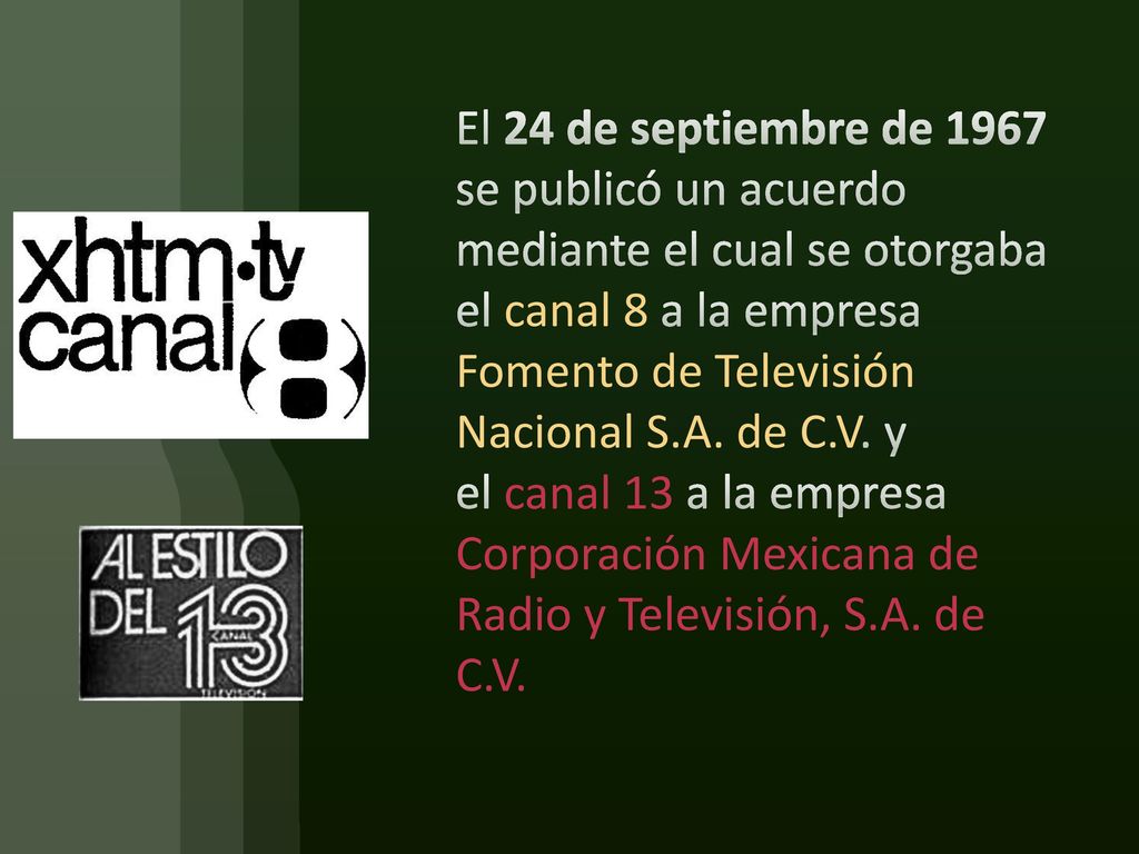 El 24 de septiembre de 1967 se publicó un acuerdo mediante el cual se otorgaba el canal 8 a la empresa Fomento de Televisión Nacional S.A.