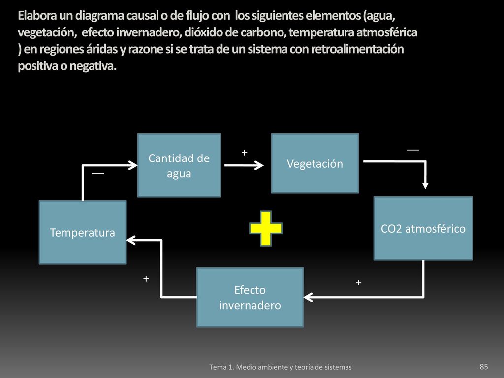 Elabora un diagrama causal o de flujo con los siguientes elementos (agua, vegetación, efecto invernadero, dióxido de carbono, temperatura atmosférica ) en regiones áridas y razone si se trata de un sistema con retroalimentación positiva o negativa.