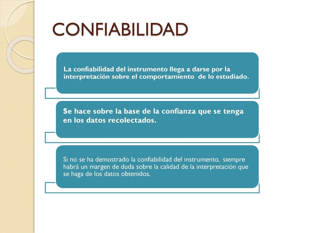 CONFIABILIDAD La confiabilidad del instrumento llega a darse por la interpretación sobre el comportamiento de lo estudiado.