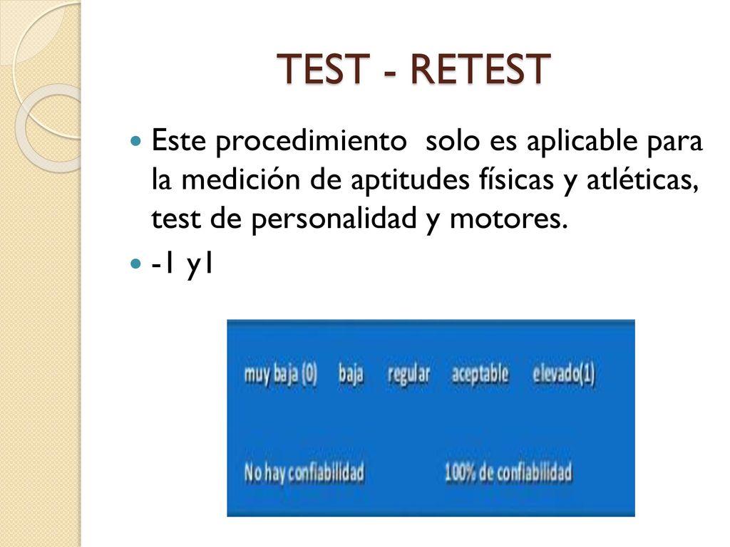 TEST - RETEST Este procedimiento solo es aplicable para la medición de aptitudes físicas y atléticas, test de personalidad y motores.