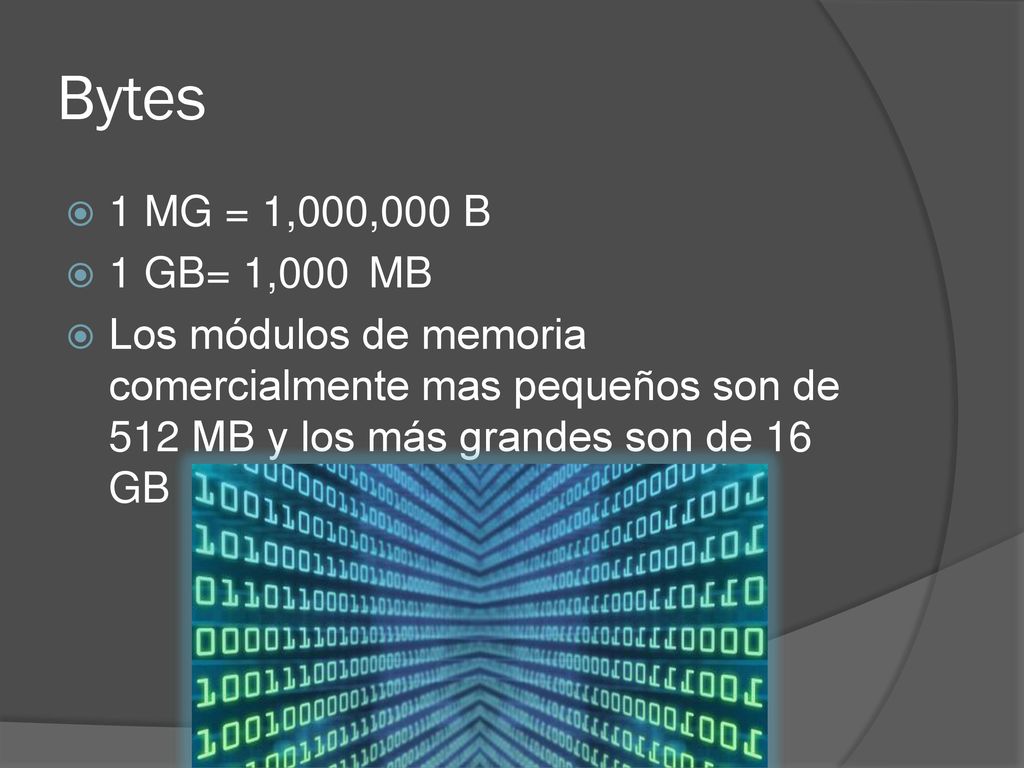 Bytes 1 MG = 1,000,000 B. 1 GB= 1,000 MB.