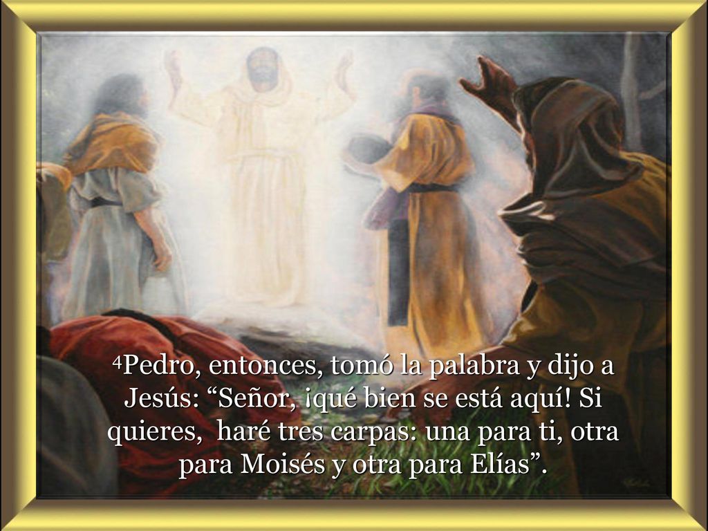 4Pedro, entonces, tomó la palabra y dijo a Jesús: Señor, ¡qué bien se está aquí.