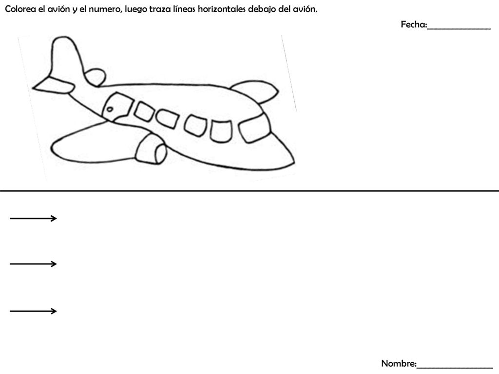 Colorea el avión y el numero, luego traza líneas horizontales debajo del avión.