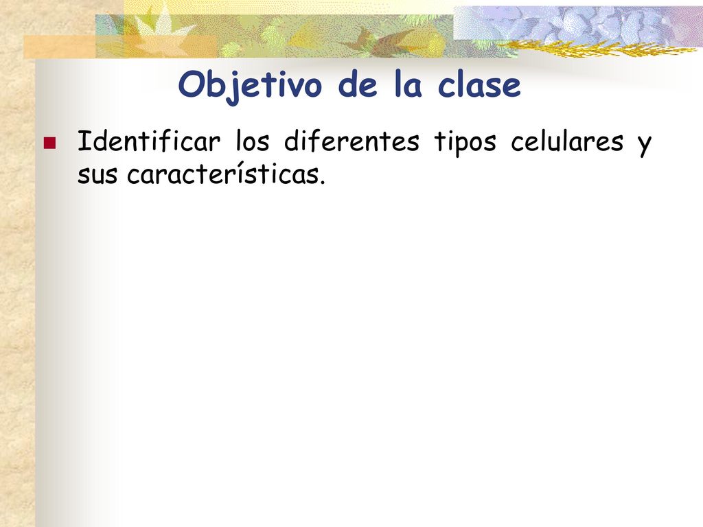 Objetivo de la clase Identificar los diferentes tipos celulares y sus características.