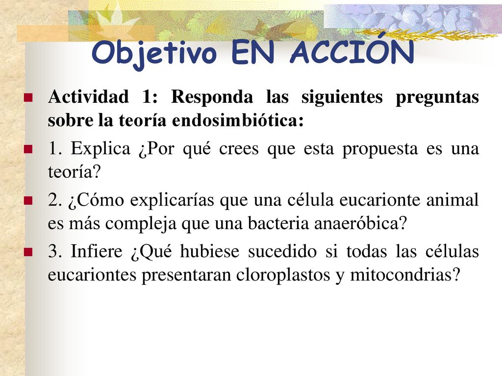 Objetivo EN ACCIÓN Actividad 1: Responda las siguientes preguntas sobre la teoría endosimbiótica:
