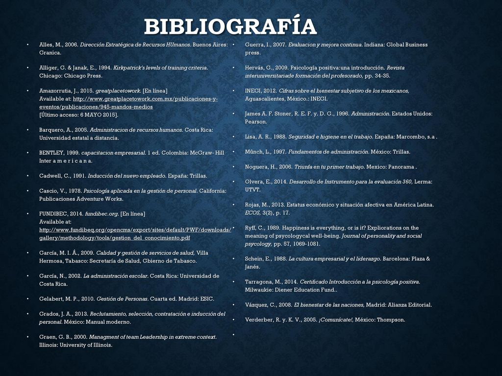 Bibliografía Alles, M., Dirección Estratégica de Recursos HUmanos. Buenos Aires: Granica.