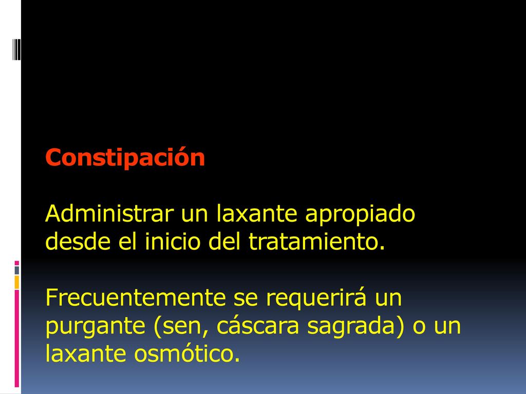 Constipación Administrar un laxante apropiado desde el inicio del tratamiento.