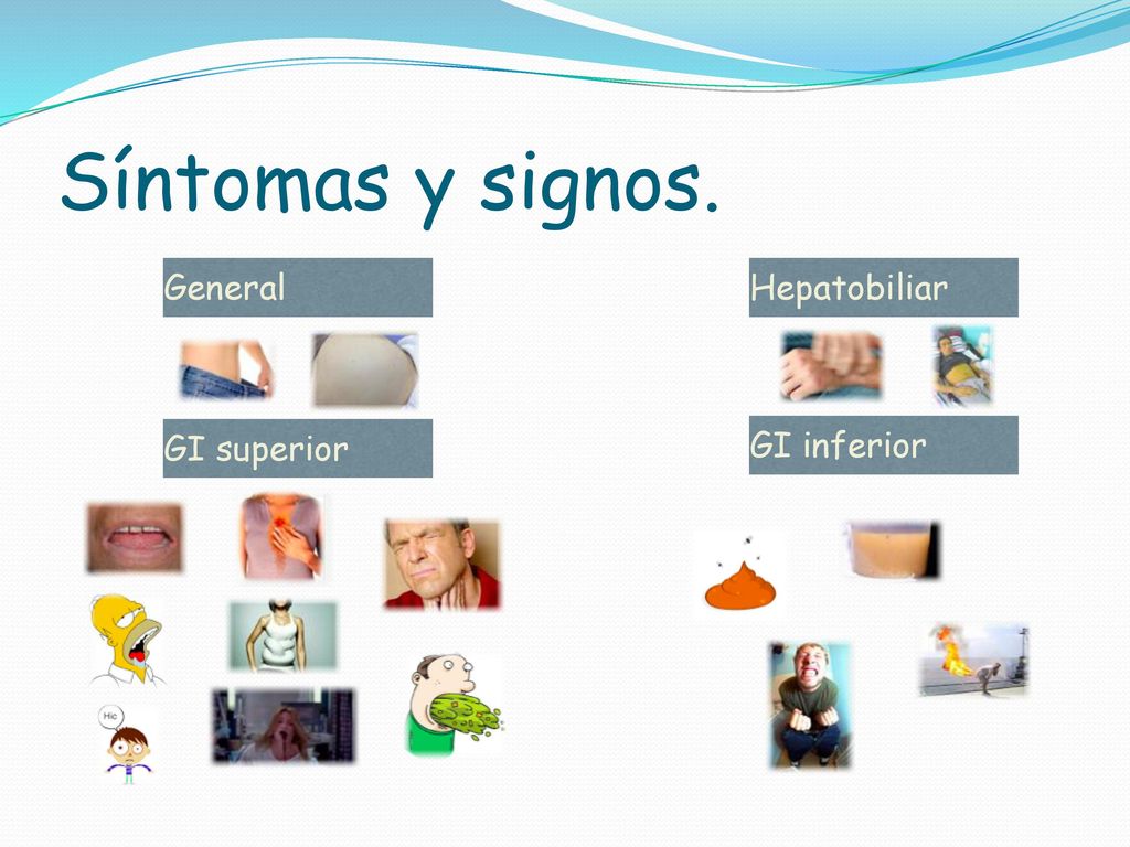 Síntomas y signos. General Hepatobiliar GI superior GI inferior