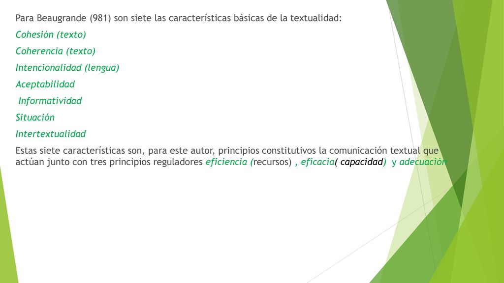 Para Beaugrande (981) son siete las características básicas de la textualidad: Cohesión (texto) Coherencia (texto) Intencionalidad (lengua) Aceptabilidad Informatividad Situación Intertextualidad Estas siete características son, para este autor, principios constitutivos la comunicación textual que actúan junto con tres principios reguladores eficiencia (recursos) , eficacia( capacidad) y adecuación