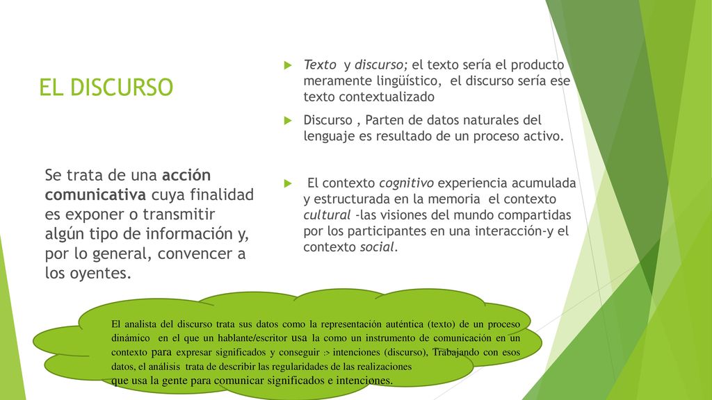 EL DISCURSO Texto y discurso; el texto sería el producto meramente lingüístico, el discurso sería ese texto contextualizado.