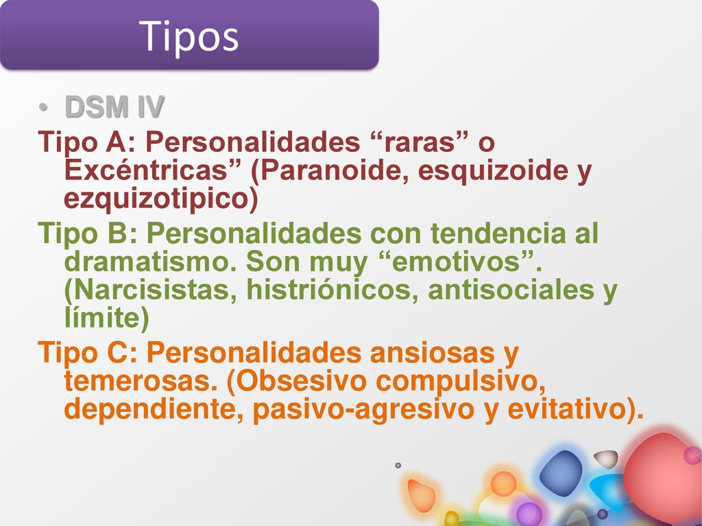 Tipos DSM IV. Tipo A: Personalidades raras o Excéntricas (Paranoide, esquizoide y ezquizotipico)