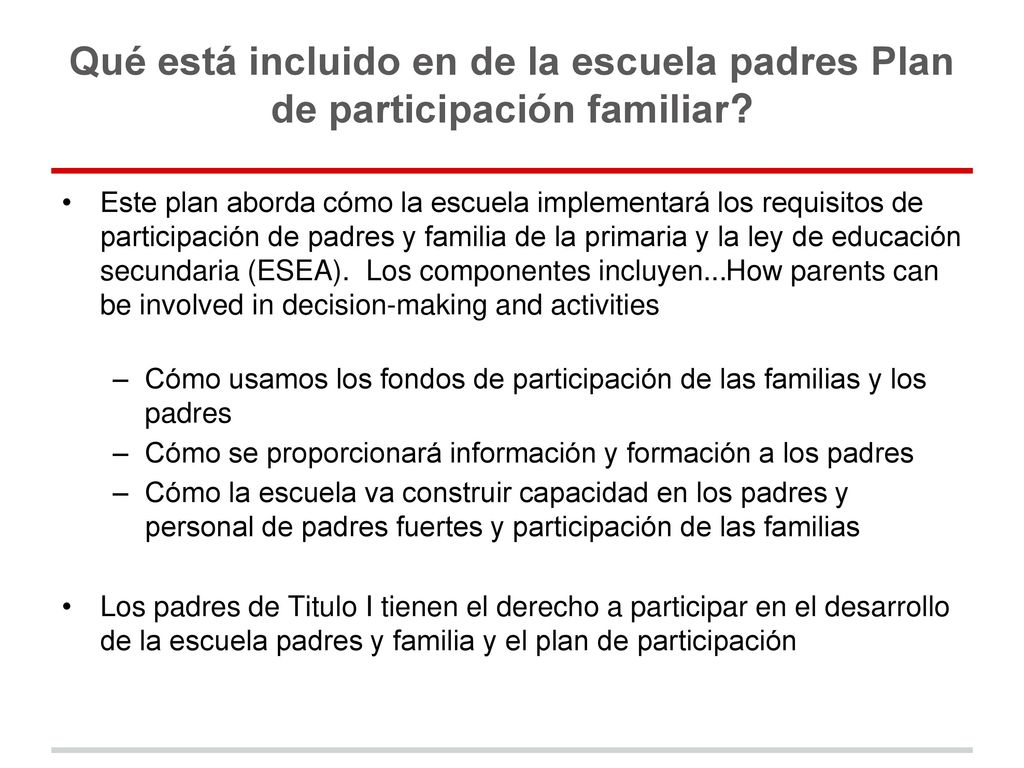 Qué está incluido en de la escuela padres Plan de participación familiar