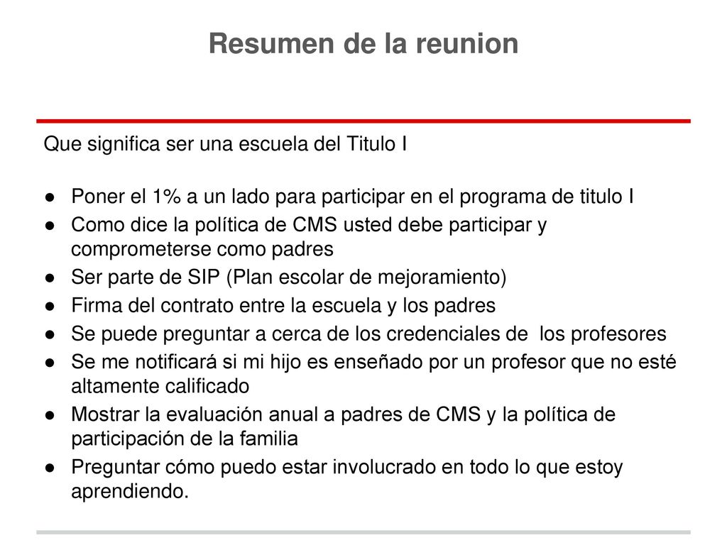 Resumen de la reunion Que significa ser una escuela del Titulo I