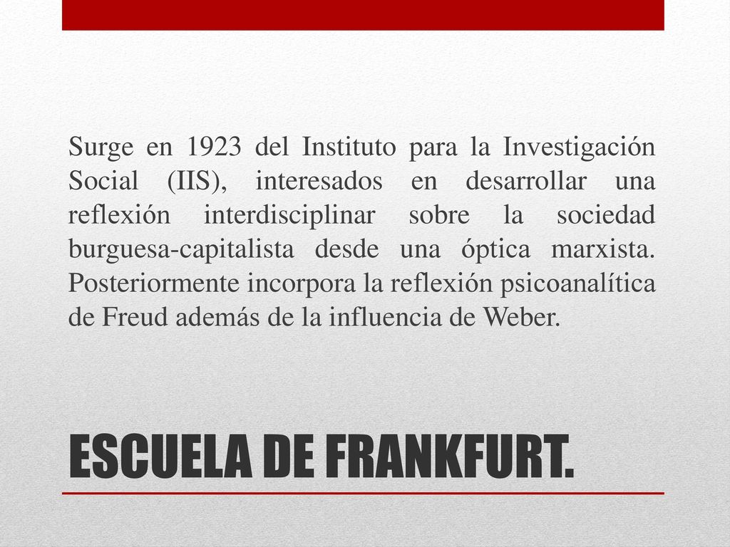 Surge en 1923 del Instituto para la Investigación Social (IIS), interesados en desarrollar una reflexión interdisciplinar sobre la sociedad burguesa-capitalista desde una óptica marxista. Posteriormente incorpora la reflexión psicoanalítica de Freud además de la influencia de Weber.