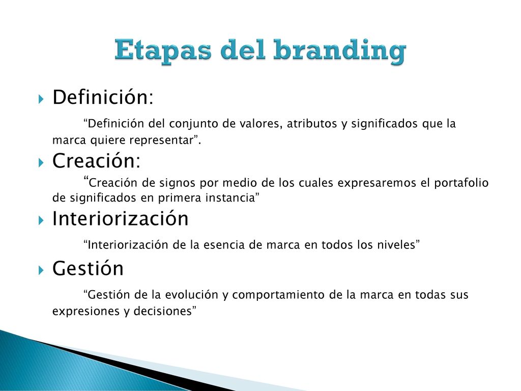 Etapas del branding Definición: Definición del conjunto de valores, atributos y significados que la marca quiere representar .